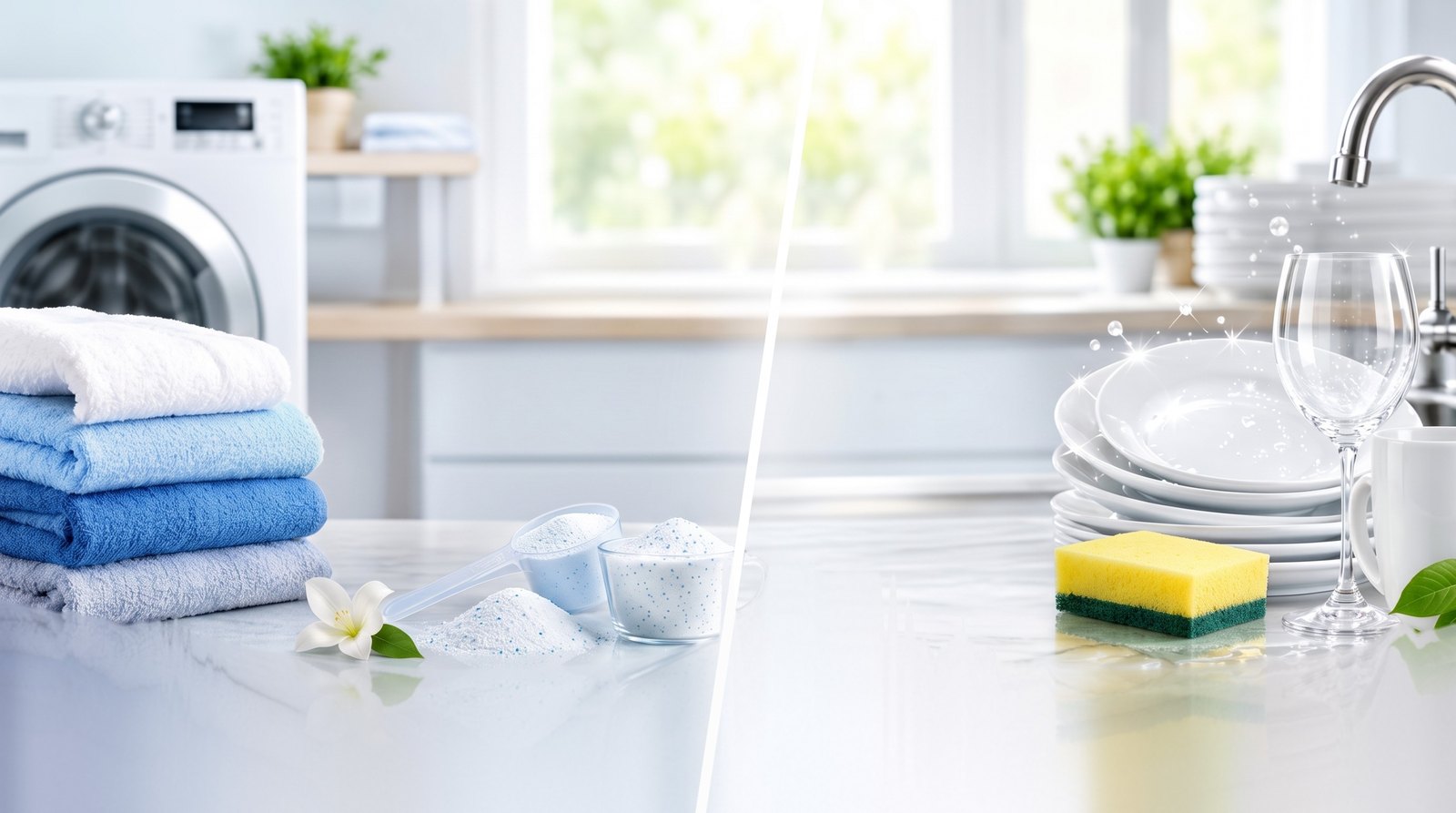 Fresh laundry towels and sparkling clean dishes
