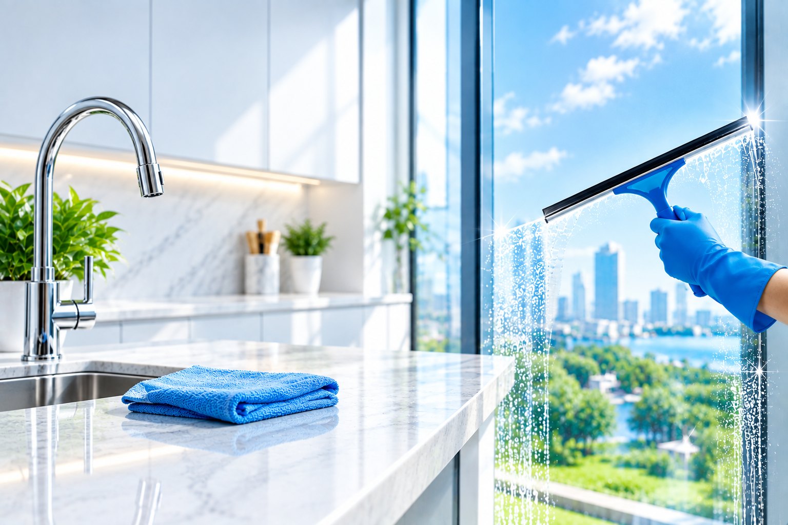 Gleaming kitchen counter and a window being squeegeed clean