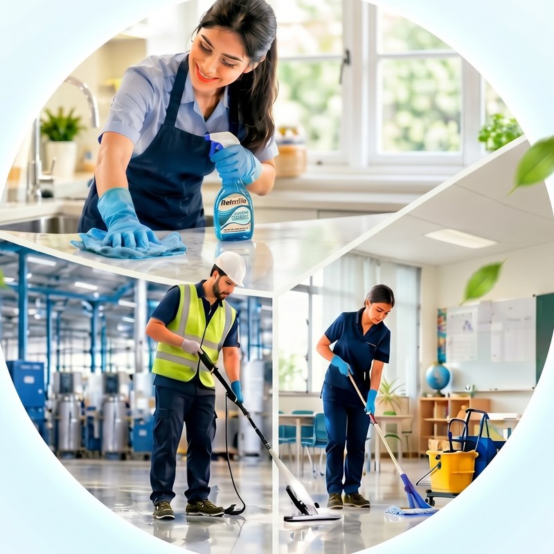 Kleenvex cleaners at work in a kitchen, a factory and a classroom